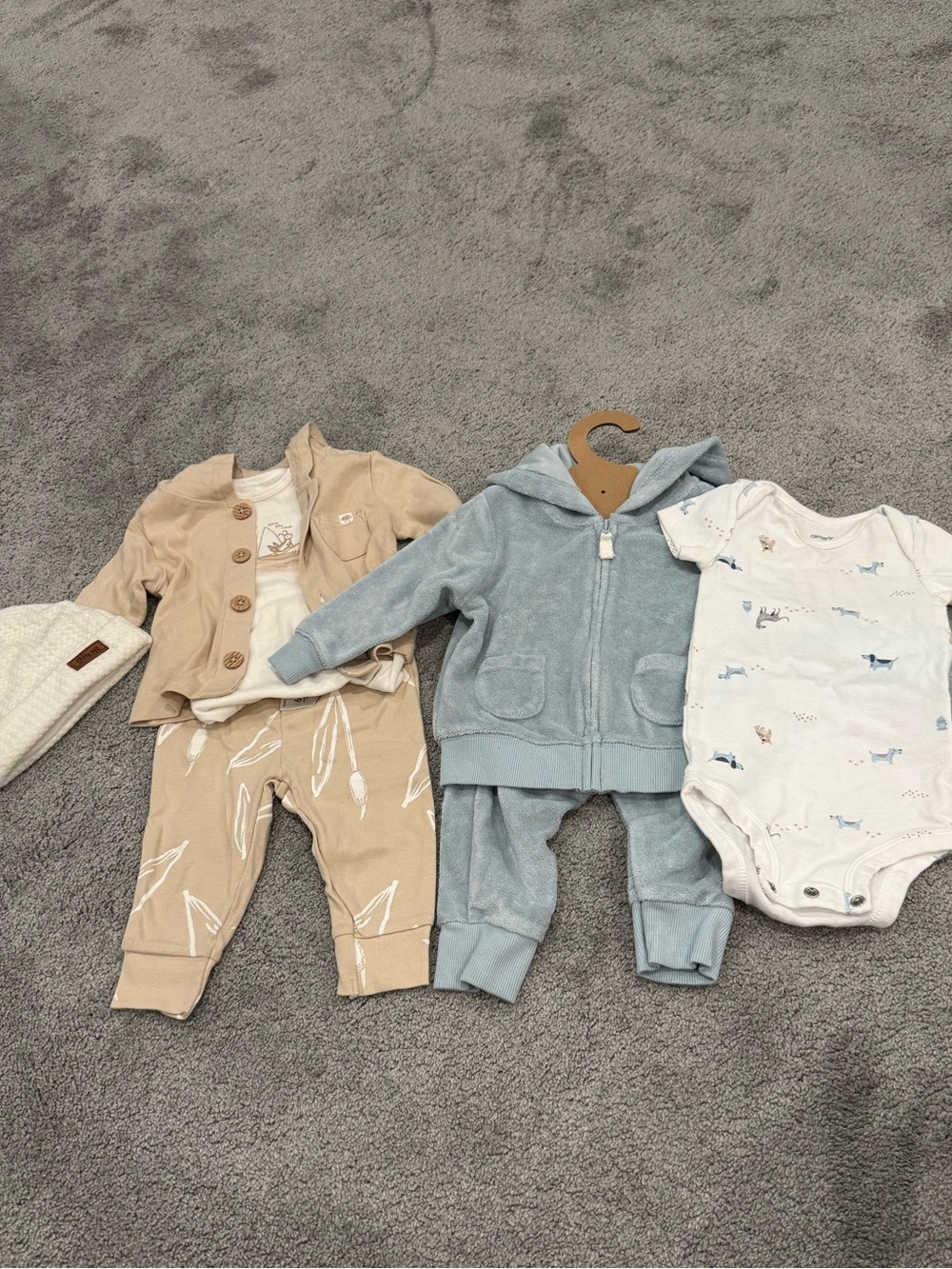 Carter's Blue Hooded Plush Baby One-Piece with Beige Outfit Set